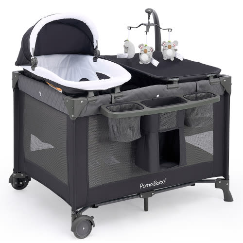 Pamo Babe Unisex Nursery Center Playard with Bassinet & Changing Table for Newborn,Grey