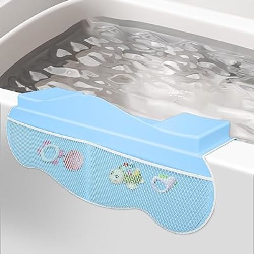 Dollox Baby Bath Silicone Elbow Rest Pad – Cooling Bathtub Elbow Rest with Bath Toys & Organizer Pockets, Water Baffle Design, 8 Powerful Suction Cups