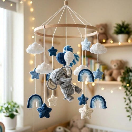 Neutral Baby Mobile, Safari Nursery Mobile, Elephant With Balloons Crib Mobile, Hot Air Balloon Baby Mobile, Boho Nursery Decor, Baby Gift