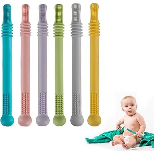 Fu Store Hollow Teether Tube Chew Straw Sensory Toy for Infant Toddlers Silicone Tubes Teething Toys for Babies 3-12 Months 0-36 Months Gifts Learning Developmental Toys BPA Free Freezable 6 Pack