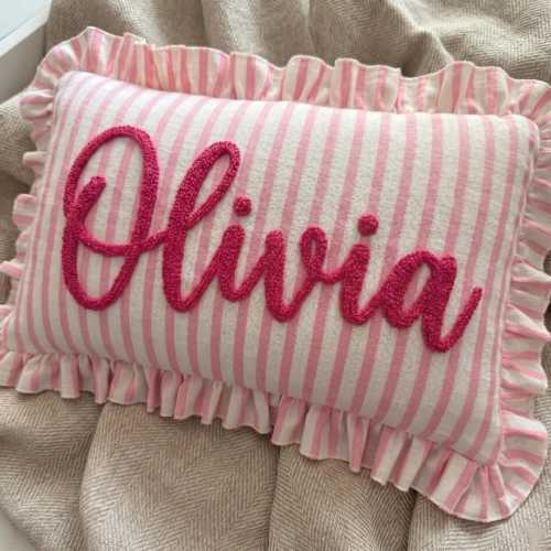 Personalized Striped Ruffled Pillow Cover, Custom Name Embroidery Cushion