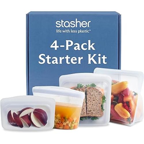 Stasher Silicone Reusable Storage Bags, 4-Pack Starter Kit, Reusable Freezer Bags, Microwave, Dishwasher, Oven Safe, Sous Vide, Premium Lunch Containers, Eco Friendly, Food Storage Bags, Clear