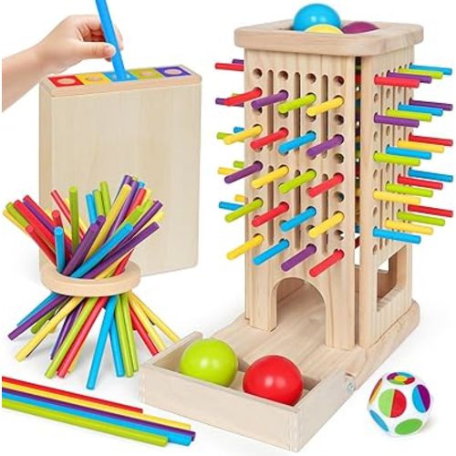 Wooden Sorting Toy Montessori Color & Shape Sorter Class Activity Toddlers Fine Motor Game for Colors and Shapes Recognition, Birthday Valentine's Gifts for Boys and Girls (Wood sorting Tower)