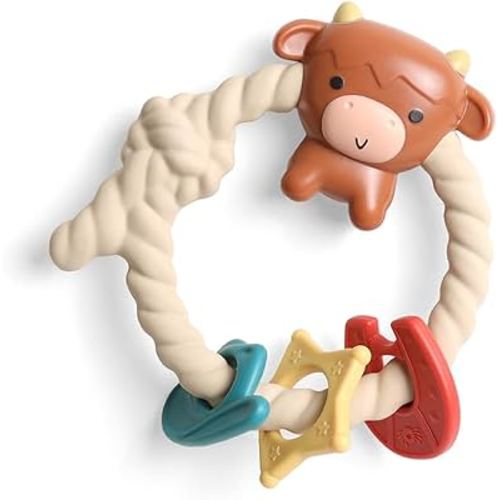 Itzy Ritzy Silicone Teether with Rattle; Rattle Teether Features Rattle Sound, Three Silicone Teething Rings and Raised Texture to Soothe Gums; Ages 3 Months and Up (Highland Cow)