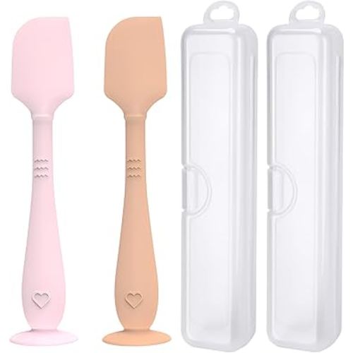 2 Pack Diaper Cream Spatula with Hygienic Travel Case, Butt Spatula Baby with Suction Base, Baby Butt Paste Spatula, Soft Silicone Diaper Rash Cream Applicator Large Size (Pink & Brown)