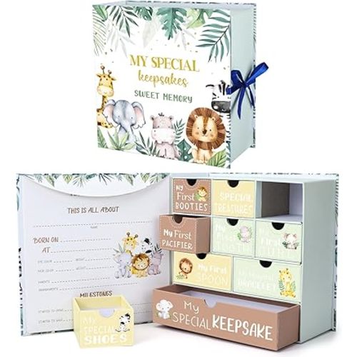 Beeveer Baby Keepsake Box Newborn Memory Organizer with 9 Labeled Compartments First Keepsake Book Gift Box for Pregnancy Mother"s Day Baby Shower New Maternity (Green,Jungle Animal)