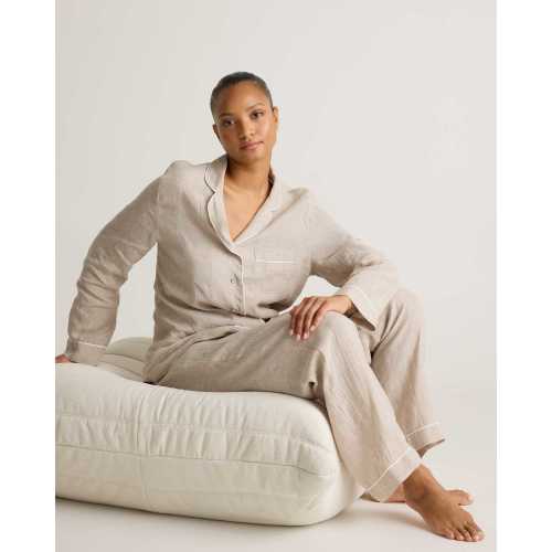 100% European Linen Long Sleeve Pajama Set with Piping in Flax