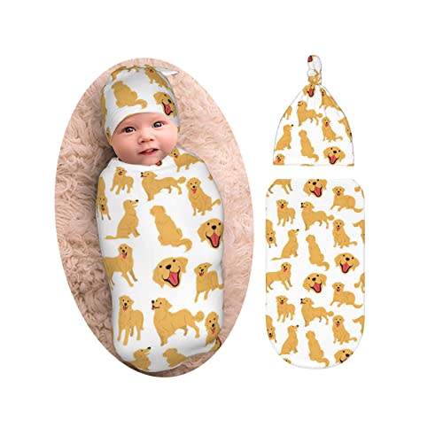 Golden Retriever Dogs Baby Stuff Newborn Swaddle Blanket with Beanie Set, Soft and Stretchy Baby Blanket Swaddle Wraps Sack for Boy and Girl