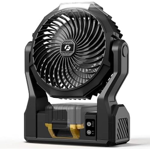 Battery Operated Fan for Dewalt 20V Max Battery, 5.7m/s High Speed Rechargeable Portable Fan with USB Powered & 4 Speed & 2 Light for Camping, Workshop, Garage, Jobsite (Not Included Battery) - Black