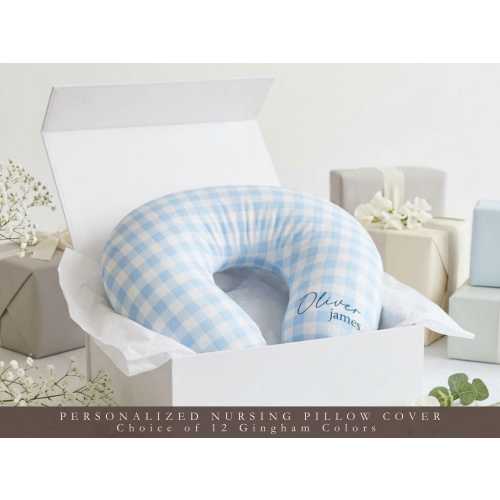 Personalized Nursing Pillow Cover, Custom Blue Gingham Feeding Pillow, New Baby Gift