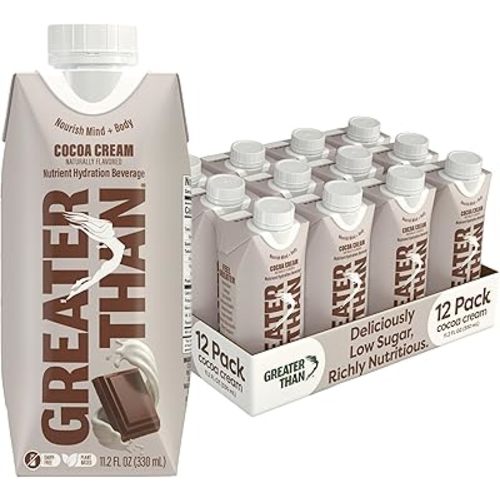 Greater Than Nutrient Hydration Beverage, Electrolyte Drink for Gut Health & Energy with Coconut Water, Vitamins, Gluten Free, Plant Based, Low Sugar, Cocoa Cream, 12 Pack