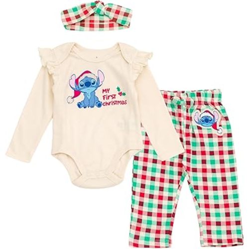Disney Christmas Baby Girls Bodysuit, Pants and Headband 3 Piece Outfit Set Newborn to Infant Sizes (Newborn - 24 Months)