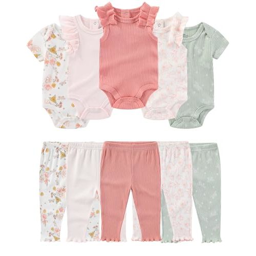 ZAVBABY Baby Bodysuit and Pant Set Cotton Ribbed Mix Infant Girl Clothes | Unisex newborn summer outfits 10-pcs,neutral and sweet style mixed bundle gift clothing set