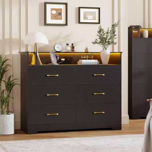 6-Drawer Wooden Dresser with LED Lights Power Outlet–47" Modern Storage Chest with Smooth Gliding Drawers, Grain for Bedroom, Living Room, Black