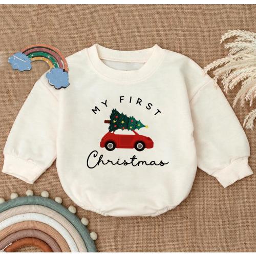 My First Christmas Romper Sweatshirt, Baby’s First Holiday Outfit, Red Car Christmas Tree Bodysuit, Newborn Winter Pullover,Baby Shower Gift