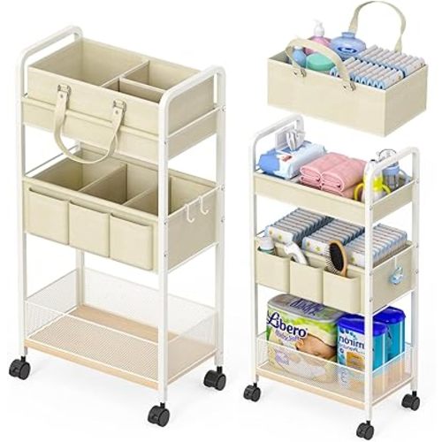 2In1 Baby Diaper Caddy & 3-Tier Rolling Cart, Diaper Caddy Organizer Carts with Dividers, Mobile Metal Utility Cart for Nursery Essentials, Detachable Bedside Cart, Large Capacity, White