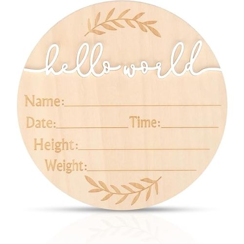 Baby Announcement Sign, 5.9 Inch Wooden Hello World Baby Sign Newborn Welcome Sign Birth Announcement Sign for Hospital Baby Shower Photo Prop Home Decorations