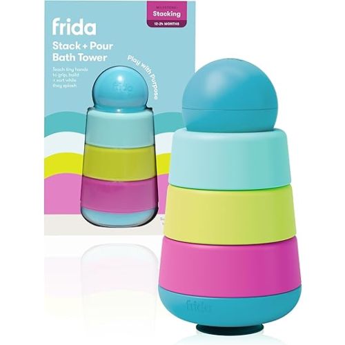 Frida Baby Stack + Pour Bath Tower Bath Toy, Bath Toys for Toddlers, Teaches Child to Grasp, Stack & Scoop. Gross to Fine Motor Skills, Hand Eye Coordination, Sort by Size, Count, Pretend Play