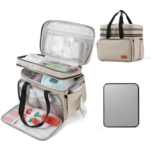 Breast Pump Bag Fits for Spectra S1 and S2, Double Deck Pumping Bag with Waterproof Mat for Pump Accessories, Pump Carrying Bag for Moms Work, Travel -Beige