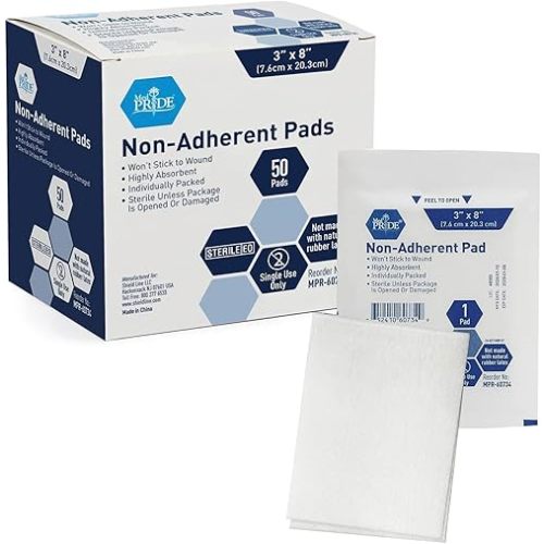 MED PRIDE Sterile Nonstick Pads for Wound Care, Absorbent Non-Adherent, Painless Removal, Individually Wrapped (3x8 Inch (Pack of 50))