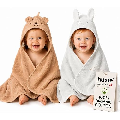 Huxie Hooded Baby Towels – 100% Organic Cotton Baby Bath Towels – Baby Boy Newborn Essentials - Super-Soft and Absorbent. (2-Pack Rabbit Pearl Grey and Bear Natural)