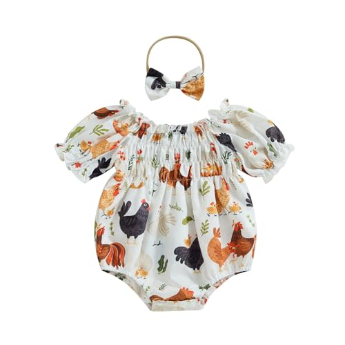 Newborn Baby Girl Farm Outfit Chicken Print Short Sleeve Romper Smocked Bodysuit Headband Infant Country Clothes