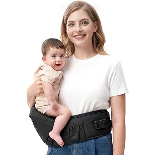 Momcozy CPC-Certified Baby Hip Carrier - Adjustable Waistband with Original 3D Belly Protector & Ergonomic EVA Massage Board, Various Pockets for Newborns to Toddlers up to 45lbs (Black, Medium)