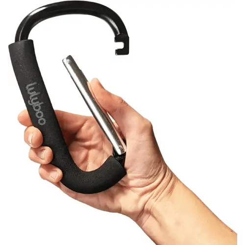 Lulyboo Multi-Use Metal Organizer Hook - Heavy-Duty Stroller, Diaper Bag & Purse Carabiner with Spring-Loaded Closure, EVA Grip, Black - Lightweight, Versatile, Holds Up to 99 lbs