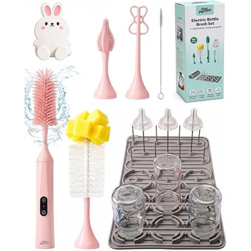 Tiny Marvels Electric Baby Bottle Brush Set with Storage Drying Rack