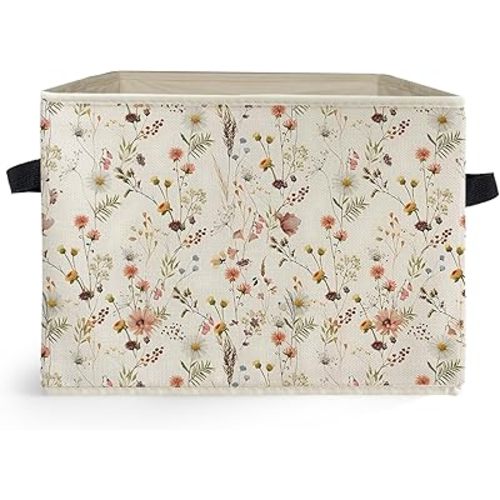 Rustic Floral Storage Box Bins, Vintage Wildflower Botanical Cottagecore Collapsible Storage Basket Organizer for Bedroom Laundry Room Home Clothes Toys Books, Toybox for Girls
