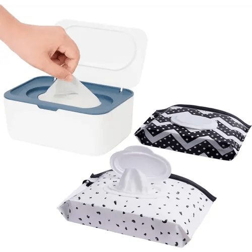 Wipes Dispenser with 2 Portable Wipe Cases, Wipe Holder for Baby & Adult, Seposeve Refillable Wipe Container, Keeps Wipes Fresh, One-Handed Operation. Easy Open/Close Wipes Pouch Case, (Blue)