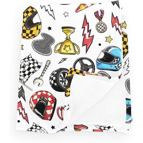 Cute Race Car Plaid Stars Baby Blanket Girls Boys Colorful Helmets Flag Black White Checkered Flannel Fleece Blanket Receiving Swaddle Racing Vehicles Newborn Blankets White 40x50inch