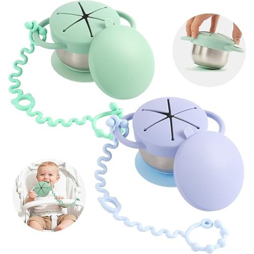 Daximo 2 Pack Toddler Snack Cups — 5-in-1 Snack Cups for Toddlers Spill Proof with Suction Cup and Anti-Loss Rope, Detachable Stainless Steel Cups with Silicone Lids & Handles (Blue and Green)