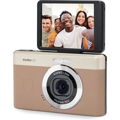 Kodak PIXPRO C1 Digital Camera, 13MP Compact Point & Shoot with 4X Optical Zoom, 180 Degree Flip Screen, 1080p HD Video, Brown