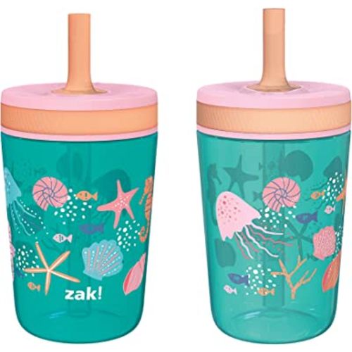 Zak Designs Kelso 15 oz Tumbler Set, (Shells) Non-BPA Leak-Proof Screw-On Lid with Straw Made of Durable Plastic and Silicone, Perfect Baby Cup Bundle for Kids (2pc Set)
