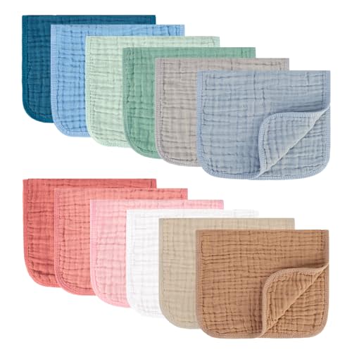MIGIOL Muslin Burp Cloths 100% Cotton Pack of 12. Soft, Gentle & Absorbent Baby Burp Cloths for Baby Girl & Boys.(Mixed Color 12 Pieces)