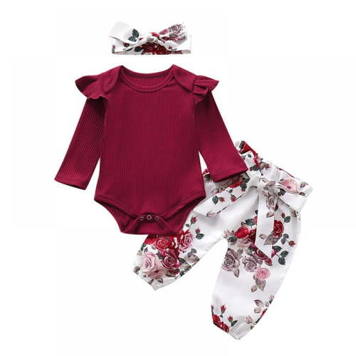 Oaktree 3PCS Newborn Baby Girl Outfits,Infant Long Sleeve Ruffle Tops Romper Bodysuit and Floral Pants Clothes with Headband
