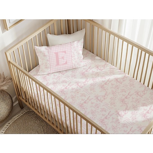 Pink Toile Bunny Crib Sheet: Girl Nursery Decor, Rabbits & Butterflies