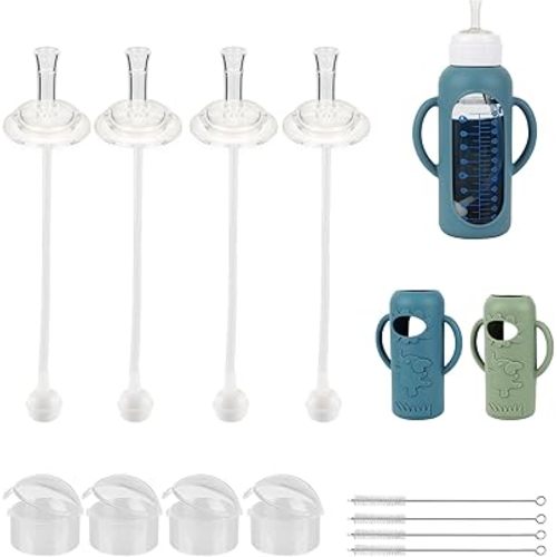 Straw Cup Conversion Kit with Silicone Sleeves for Dr. Brown's Narrow Glass Baby Bottle 4oz, Weighted Straw Replacement Kit with Soft Straw Top and Handle,4-Pack, 8m+