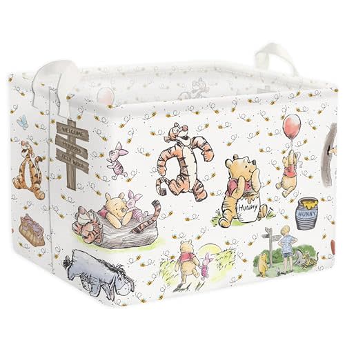 Winnie Baby Room Decor, Pooh Storage Nursery Basket With Hard Bottom Large Square Canvas Cotton Laundry Hamper Bin with Waterproof PE Coating Storage Foldable Bathroom and Bedroom Stuff Clothes