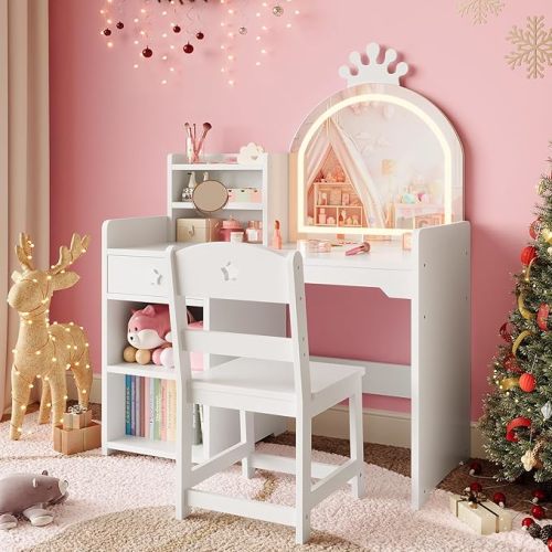 Kids Vanity with Lighted Mirror, 2 in 1 Princess Vanity Set Toddler Vanity Table & Chair Set with Open Bookshelf, Storage Cabinet & Shelves for Little Girls