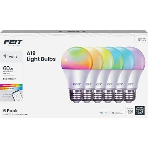 Feit Electric Smart Light Bulbs, A19 RGBW Color Changing - 60W Eq - 6 Pack
