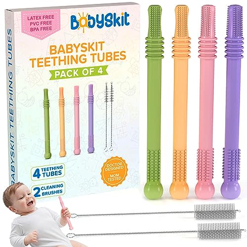 BABYSKIT Flexible Hollow Teething Tubes for Infants - Easy to Hold and Clean Teething Straws for Babies, Safe Silicone Teething Stick for Babies Quality Teething Tubes for Babies 0-6 Months