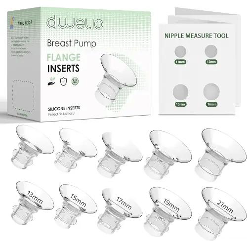Flange Sizing Kit with 10PCS Silicone Flange Inserts 13/15/17/19/21mm, Nipple Ruler Card, Flange Insert for 24mm Flange/Shield Breast Pumps, Pumping Essentials Kit