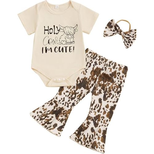 Baby Girl Summer Clothes Western Newborn Girl Short Sleeves Animal Cow Romper Pants Headband Set Outfits