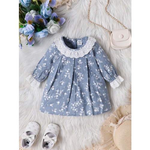 SHEIN Vintaside Kids Newborn Baby Girls' Floral Print Ruffle Hem Long Sleeve Dress | SHEIN USA