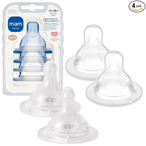 MAM Baby Bottle Nipple Mixed Flow Pack, Fast Flow Size 3 & Extra Fast Flow Size 4, Newborns 4+ Months, Skin Soft BPA Free Silicone, 94% Nipple Acceptance, Fits All MAM Bottles, 4 Pack, Made in Europe