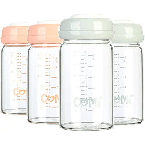 COMI Wide Neck Glass Breastmilk Collection n Storage Bottle, 4 Packs, 6oz with Screw Ring Sealing Disk; Re-markable Sealing Disc. BPA Free, Fits Breast Pumps & Nipples (2 Gray Lids + 2 Pink Lids)