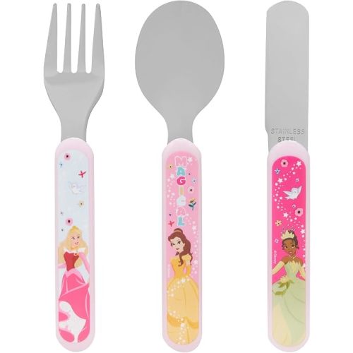 Disney Princess 3 Piece Cutlery Set - Metal, Reusable Children's Knife, Fork & Spoon, Kids-Size, Made from Food-Safe Stainless Steel & ABS Plastic - with Belle, Tiana & Aurora - for 36 Months & Up