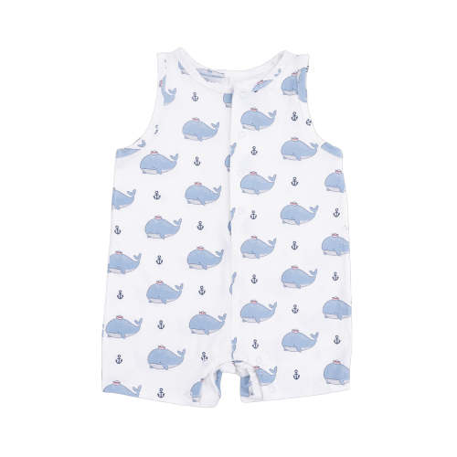 Sleeveless Shortie Romper, Bubbly Sailor Whales Blue